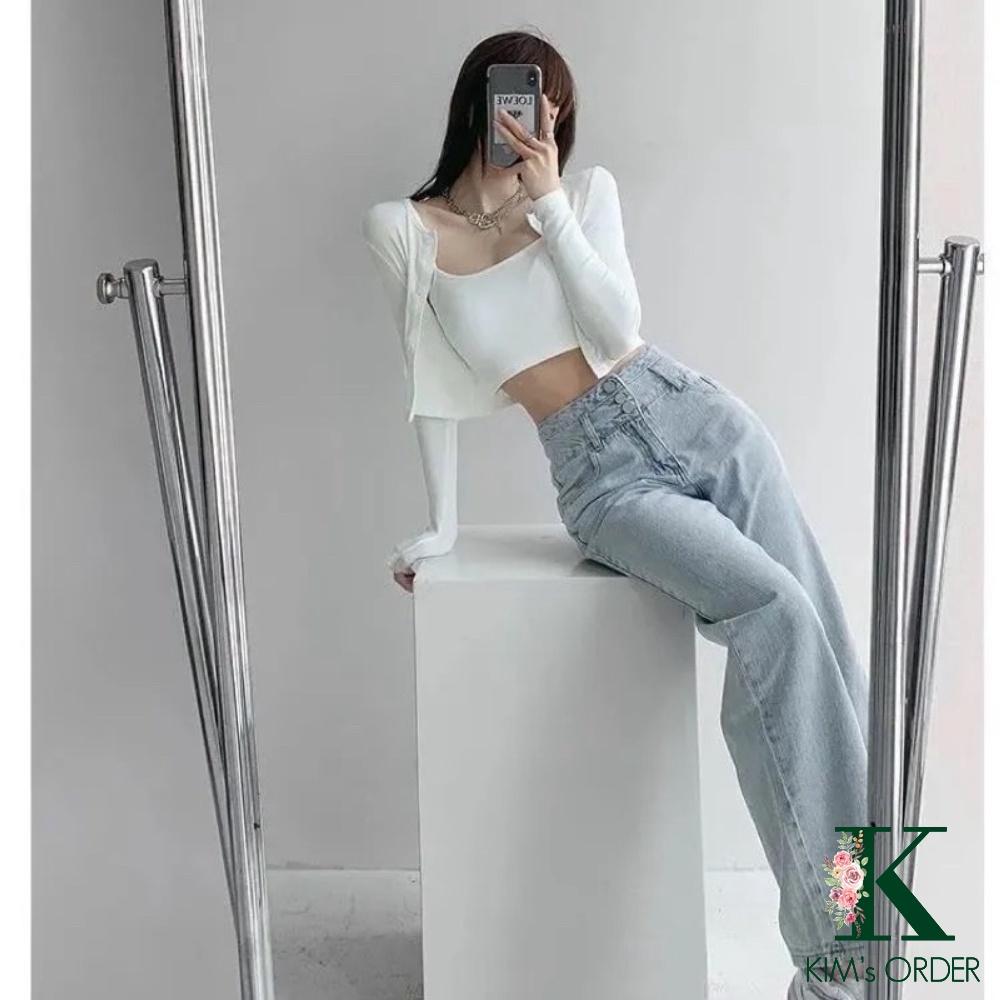 Quần Jean Nữ Cạp 3 Cúc Màu Xanh Bạc Lưng Cao Ống Suông Dài Phom Rộng Phong Cách Hàn Quốc Chất Vải Co Dãn Cao Cấp Loại 1