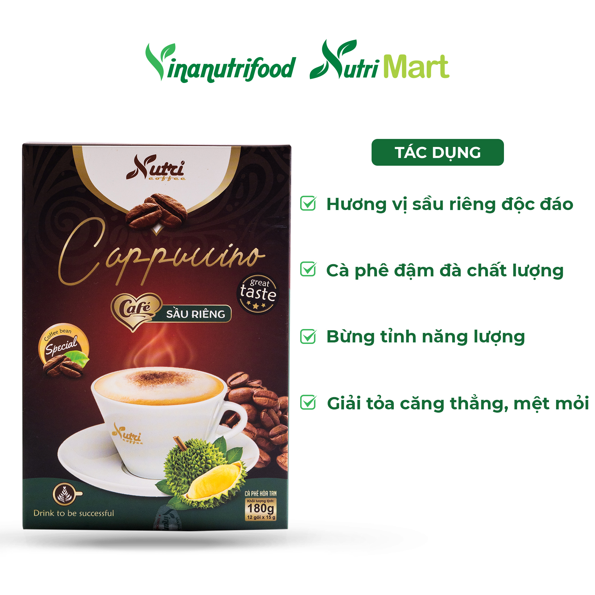 Cà phê capuchino sầu riêng Vinanutrifood C02, cafe sở hữu hương vị đặc trưng, thơm ngon hấp dẫn phù hợp mọi đối tượng, giúp giải tỏa căng thẳng, mệt mỏi, đảm bảo an toàn thực phẩm đáp ứng đầy đủ tiêu chuẩn GMP - WHO (15g x 12 gói)