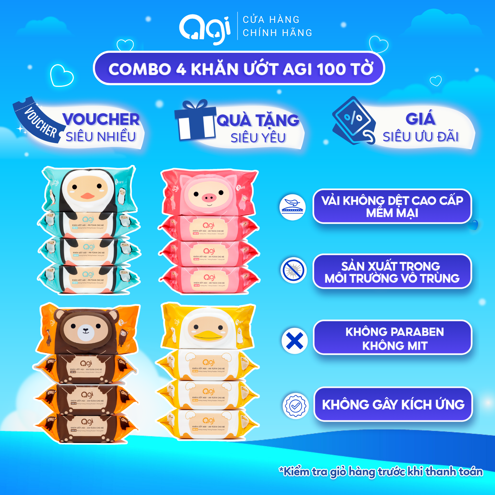 Combo 4 gói khăn giấy ướt Agi 100 tờ
