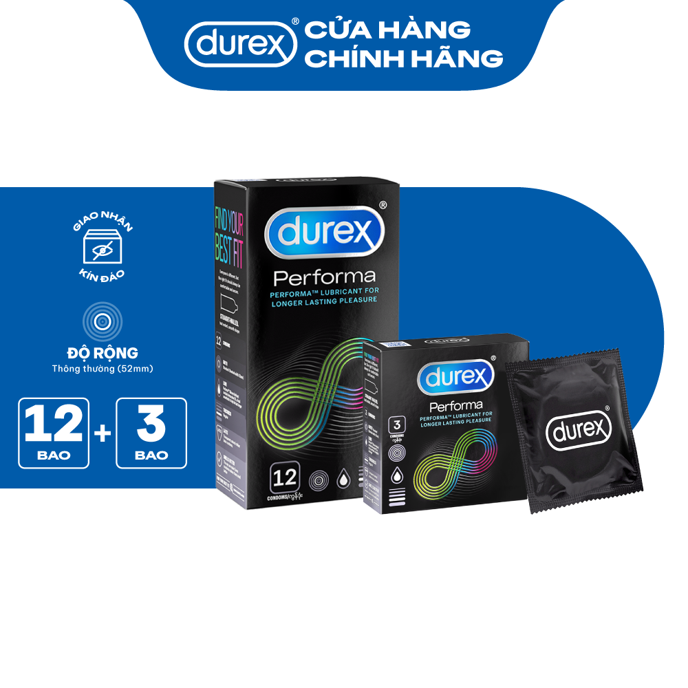 Bộ bao cao su Durex Performa kéo dài thời gian size 52mm, 1 hộp 12 bao và 1 hộp 3 bao