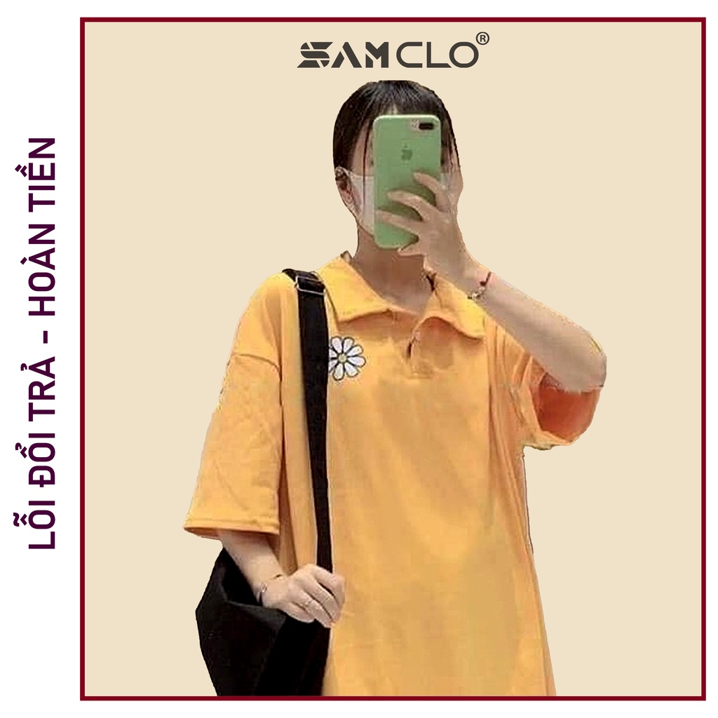 Áo thun Polo tay lỡ nữ SAM CLO form rộng phông freesize unisex mặc đi học, cặp, nhóm, lớp in hình hoa cúc - MÀU VÀNG