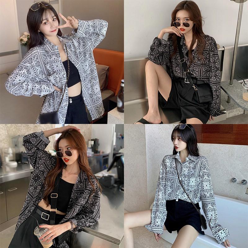 Áo Sơ Mi Tay Dài Form Rộng In Họa Tiết Phong Cách Retro Cho Nữ