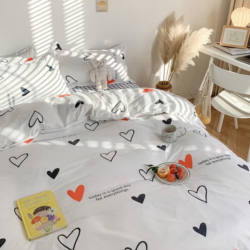 Bộ Chăn Ga Gối Poly Cotton Tim Trắng Caro