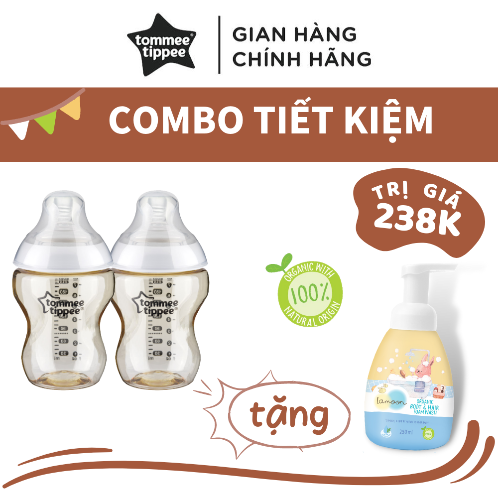 COMBO 2 Bình Sữa Tommee Tippee PPSU Ty Siêu Mềm Tự Nhiên 260ml TẶNG 1 Bình Sữa tắm gội Organic dạng bọt Lamoon 250ml