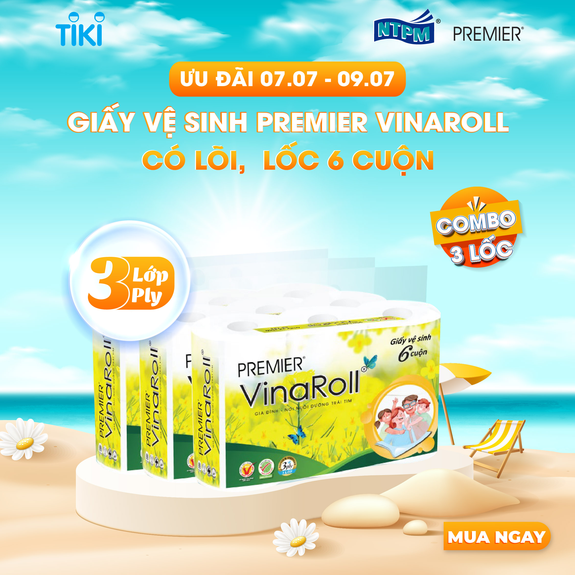 Giấy vệ sinh Premier VinaRoll có lõi, 3 lớp 100% bột giấy nguyên sinh, không chất tẩy lốc 6 cuộn