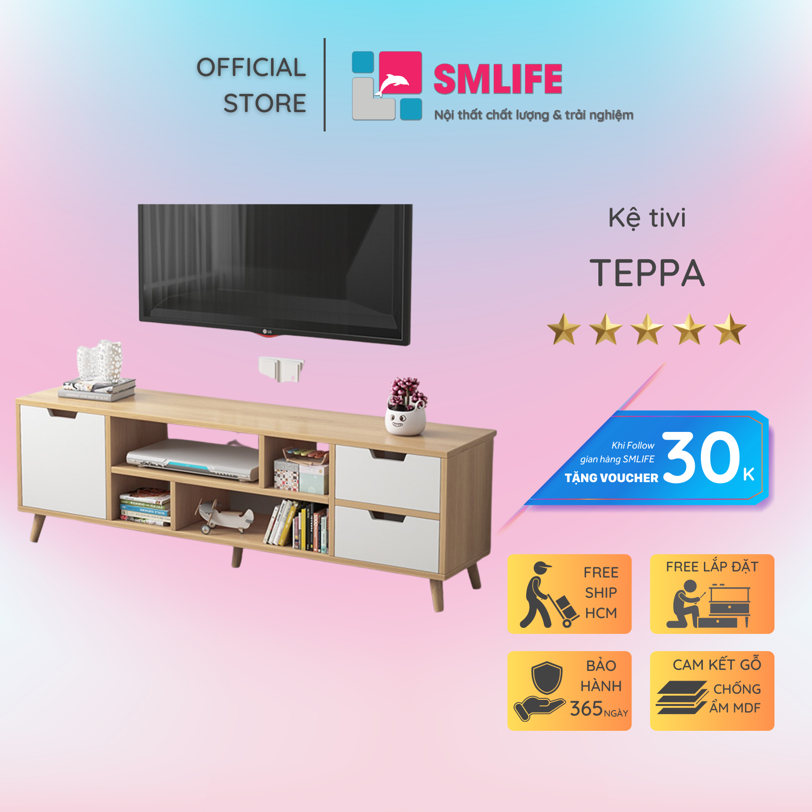 Kệ tivi gỗ hiện đại SMLIFE Teppa | Gỗ MDF dày 17mm chống ẩm | D180xR30xC40cm