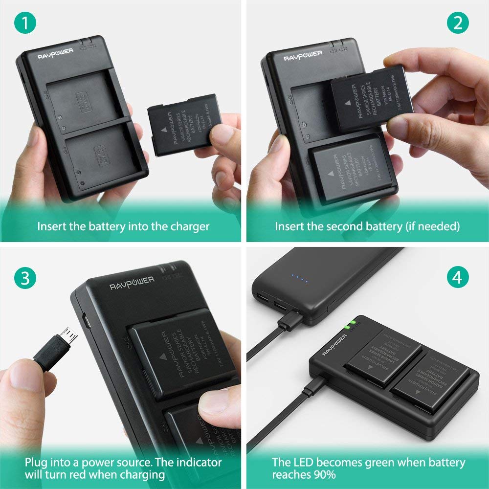 Bộ 2 Pin Và Sạc Kép RAVPower Cho Nikon EN-EL14 D3XXX D5XXX DF P7XXX - Hàng Nhập Khẩu