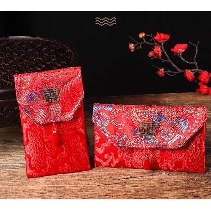 Phong Bì Đỏ Thổ Cẩm thêu Hoa vải gấm Song Hỷ Cưới Hỏi-Nạp tài,Quà tặng năm mới.