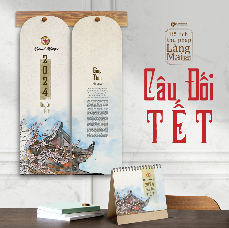 Combo - LỊCH BÀN 2024 và LỊCH TREO TƯỜNG 2024 18 x 55cm _- BỘ LỊCH THƯ PHÁP LÀNG MAI: CÂU ĐỐI TẾ - Thaihabooks