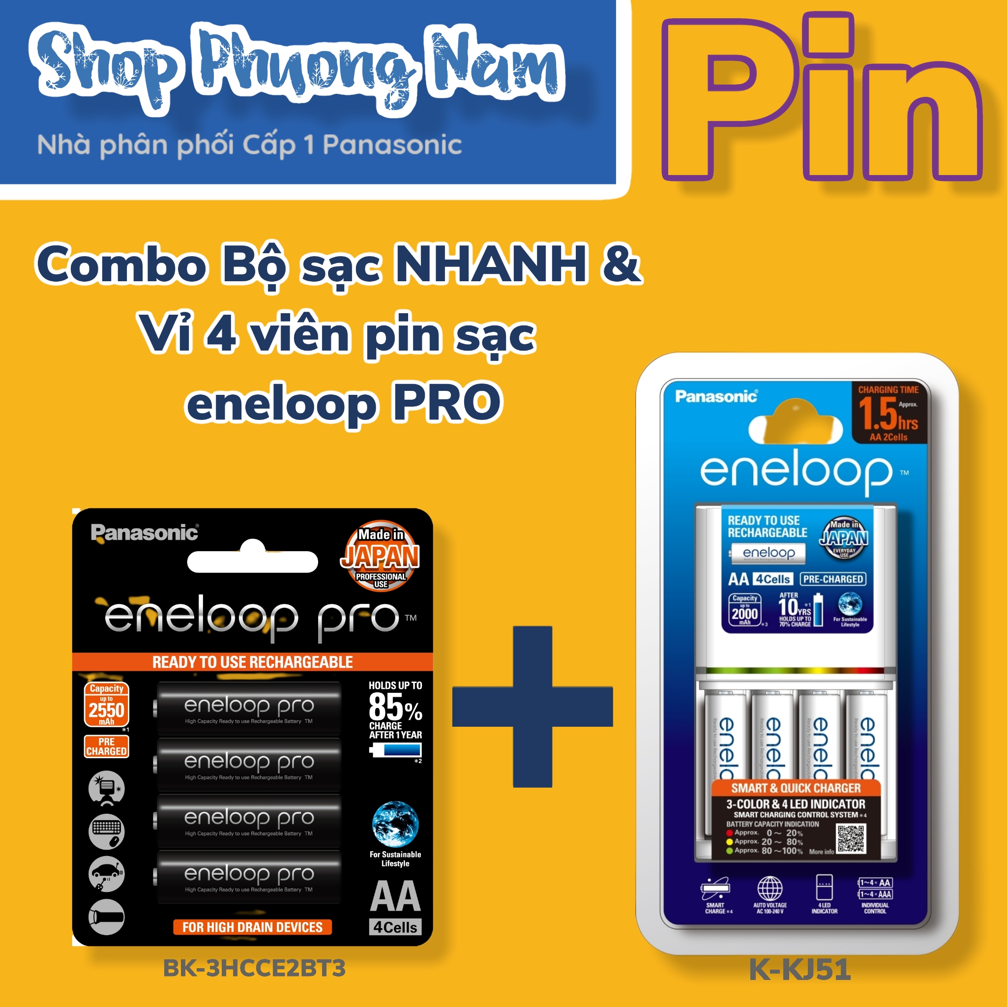 Bộ combo bộ sạc eneloop K-KJ55MCC40V và pin sạc eneloop pro vỉ 4 viên AA BK-3HCCE/4BV-Panasonic hàng chính hãng 