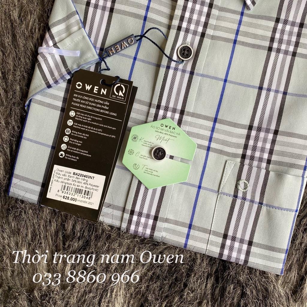 OWEN - Áo sơ mi ngắn tay Owen vạt ngang sợi Bạc hà kẻ ca rô xanh 220403