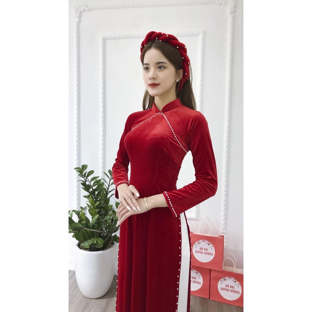 Áo dài nhung đỏ cổ truyền thống tay dài đính hạt trai by Quỳnh Hương