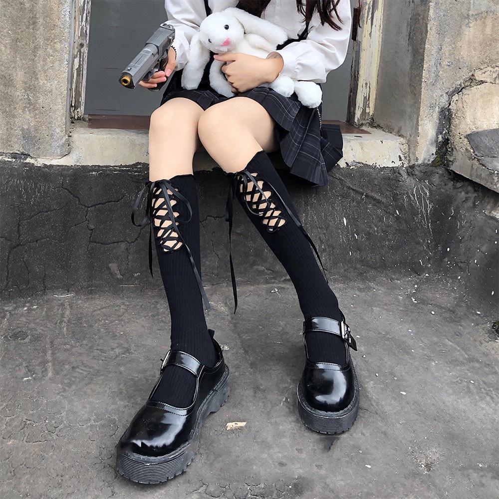 Vớ/ Tất nữ cotton LOLITA buộc dây mảnh Tất nữ dài dưới gối mềm mại