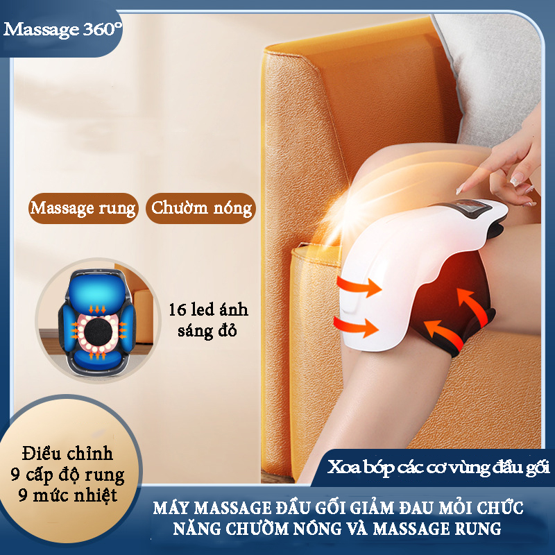 Máy massage đầu gối 9 cấp độ rung kết hợp chức năng chườm nóng với ánh sáng đỏ 9 mức nhiệt độ công suất 10W giảm đau mỏi, giải pháp trị liệu hiệu quả