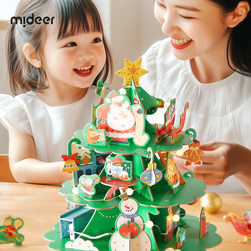 Đồ chơi Xếp Hình Cây Thông Noel Kèm Hộp Nhạc và Đèn Giáng Sinh Mideer Christmas Rotating Music 3D Puzzle 3+