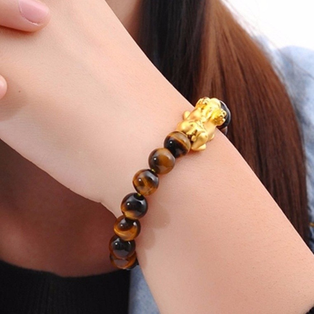 Vòng Tay Opal Mắt Hổ Tự Nhiên Charm Tỳ Hưu Bạc Mạ Vàng 9MM