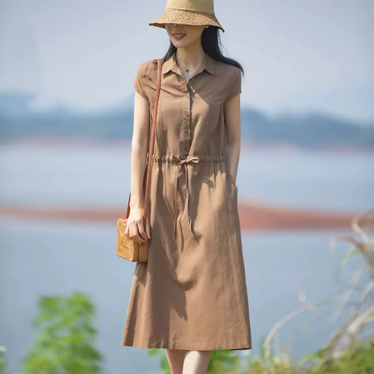 Đầm sơ mi ngắn tay, Đầm linen suông nữ rút eo cổ sơ mi, phong cách retro ARCTIC HUNTER