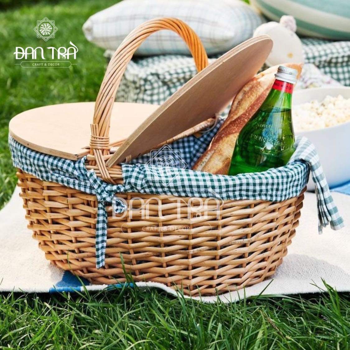 Giỏ Mây Picnic Lót Vải Có Nắp -Giỏ Mây Decor Phòng- Phụ Kiện Decor Mây Tre Đan