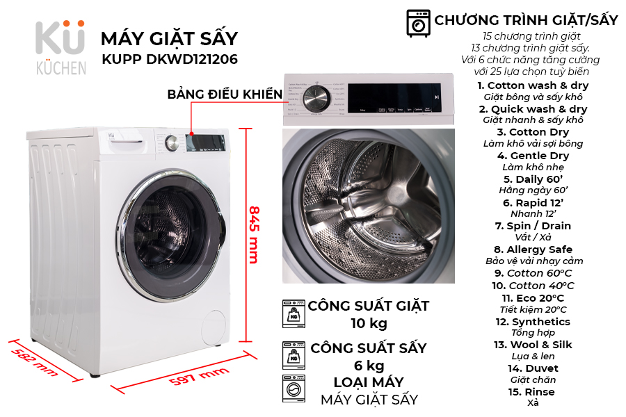 MÁY GIẶT KẾT HỢP MÁY SẤY 10KG - KUCHEN ĐỨC - DWK121206 - HÀNG CHÍNH HÃNG - Chỉ Giao Hàng Tại Hồ Chí Minh