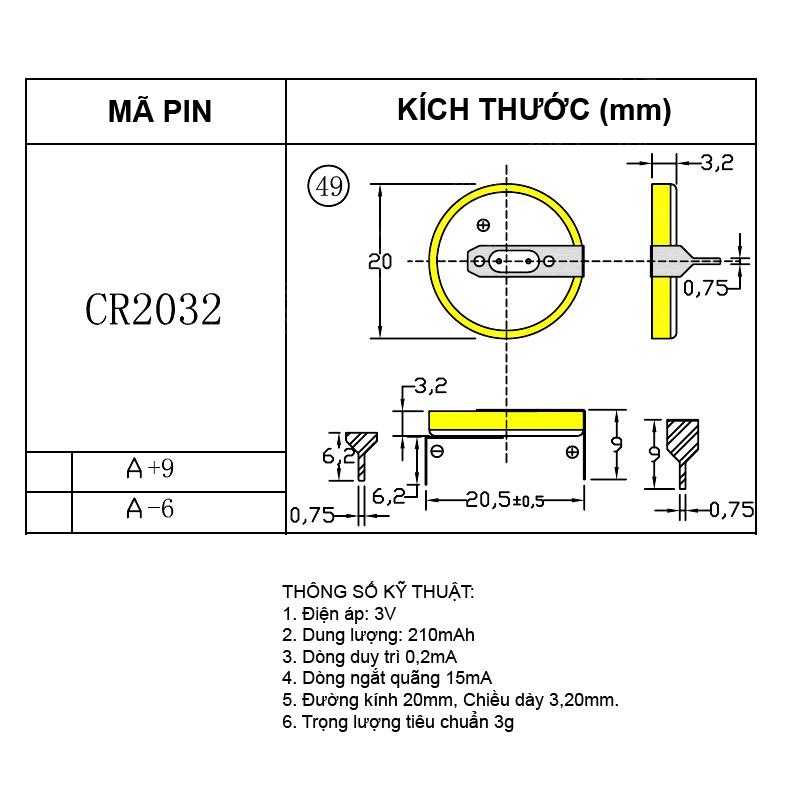 Pin cúc CR2032 3V hai chân hàn ngang