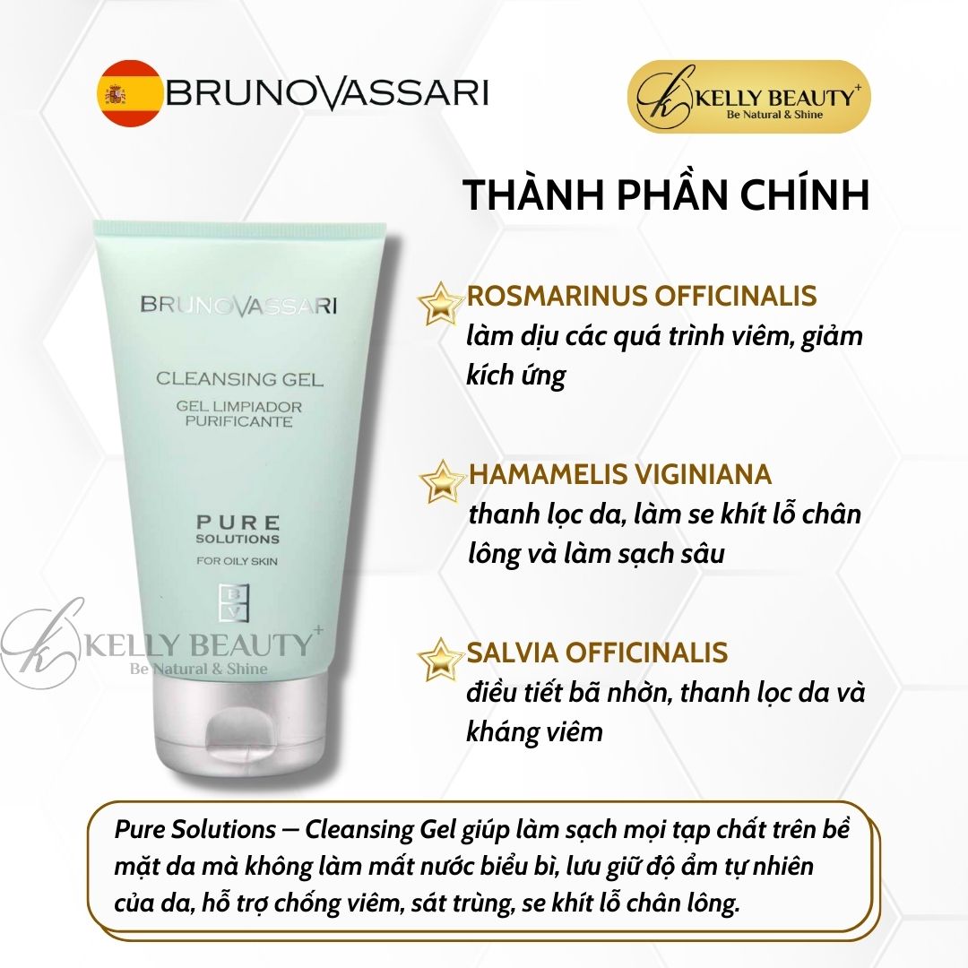 Gel Rửa Mặt Cho Da Dầu Mụn Pure Solutions - Cleansing Gel - Bruno Vassari | Kelly Beauty