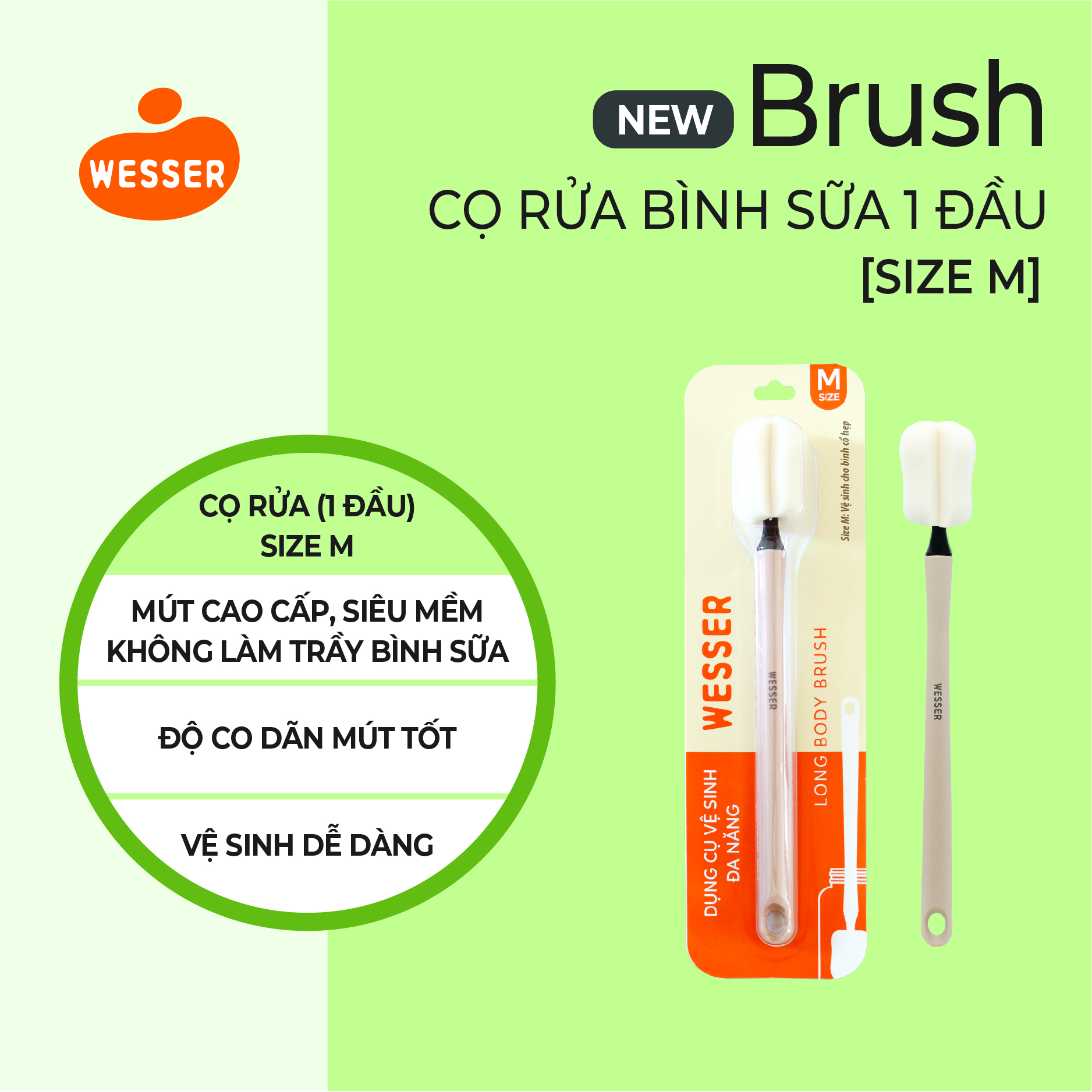 (Mới) Dụng cụ vệ sinh bình sữa Wesser 1 đầu (Size M/L)