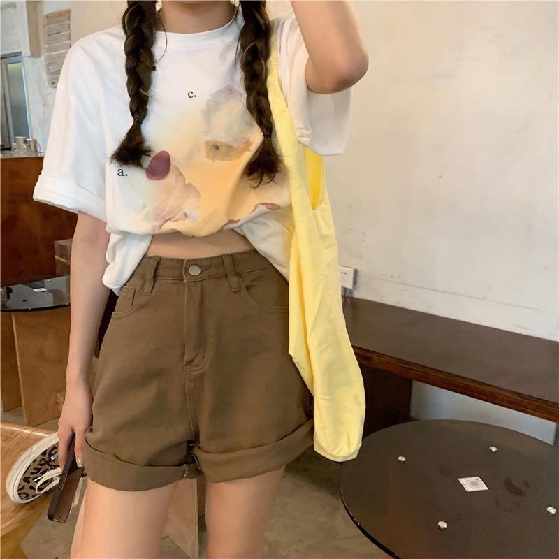 Quần Sooc nữ, quần short nữ jean lưng cao màu nâu tây