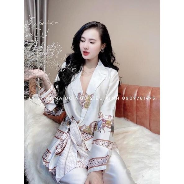 Đồ bộ ngủ tay dài pijama mặc nhà kiểu dáng thắt nơ kimono trơn đơn giản dưới 60kg