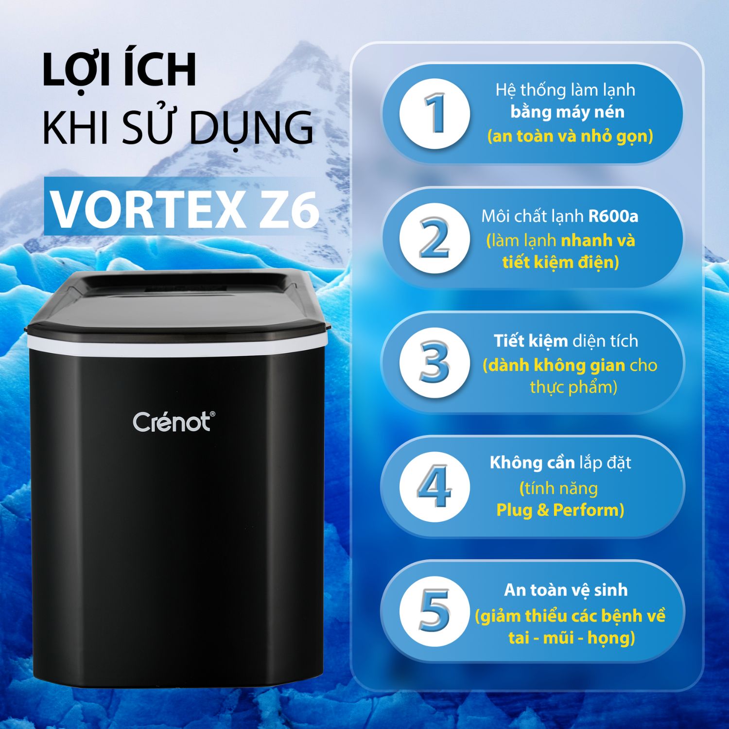 Máy Làm Đá Viên CRENOT VORTEX V6 Tủ Đá Giữ Nhiệt Mini Gia Đình Tạo Đá Siêu Tốc Trong 9 -15 Phút - Hàng chính hãng