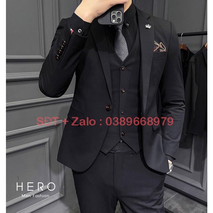 Bộ vest Nam Cao cấp màu đen, Chất vải sịn, Fom ôm đẹp, Bộ suit nam Hàn Quốc
