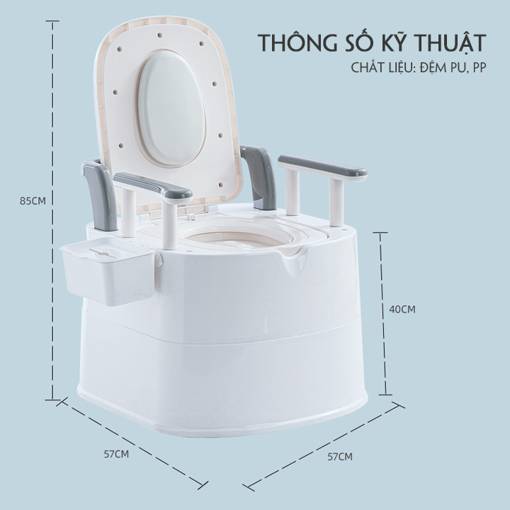 Bồn cầu di động cao cấp cho người già, Toilet có tay vịn, tựa lưng nhựa ABS chắc chắn