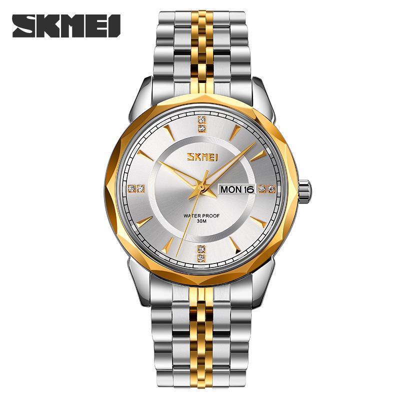 Phong Cách Mới Nhất Skmei Moment Beauty Thời Trang Dây Thép Không Gỉ Chắc Chắn Nam Lịch Kép Chống Nước Phong Cách Doanh Nhân Đồng Hồ Thạch Anh