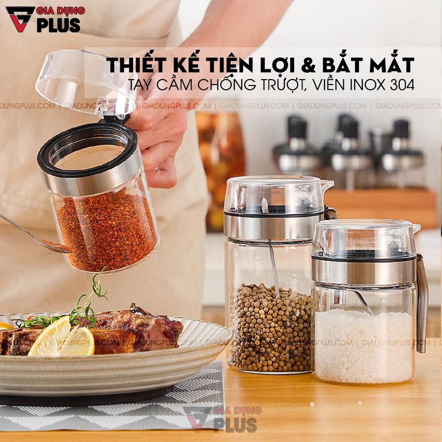 Lọ đựng gia vị thuỷ tinh chịu nhiệt, chịu lực cao cấp - tay cầm và viền inox 304 nắp bật Vimora