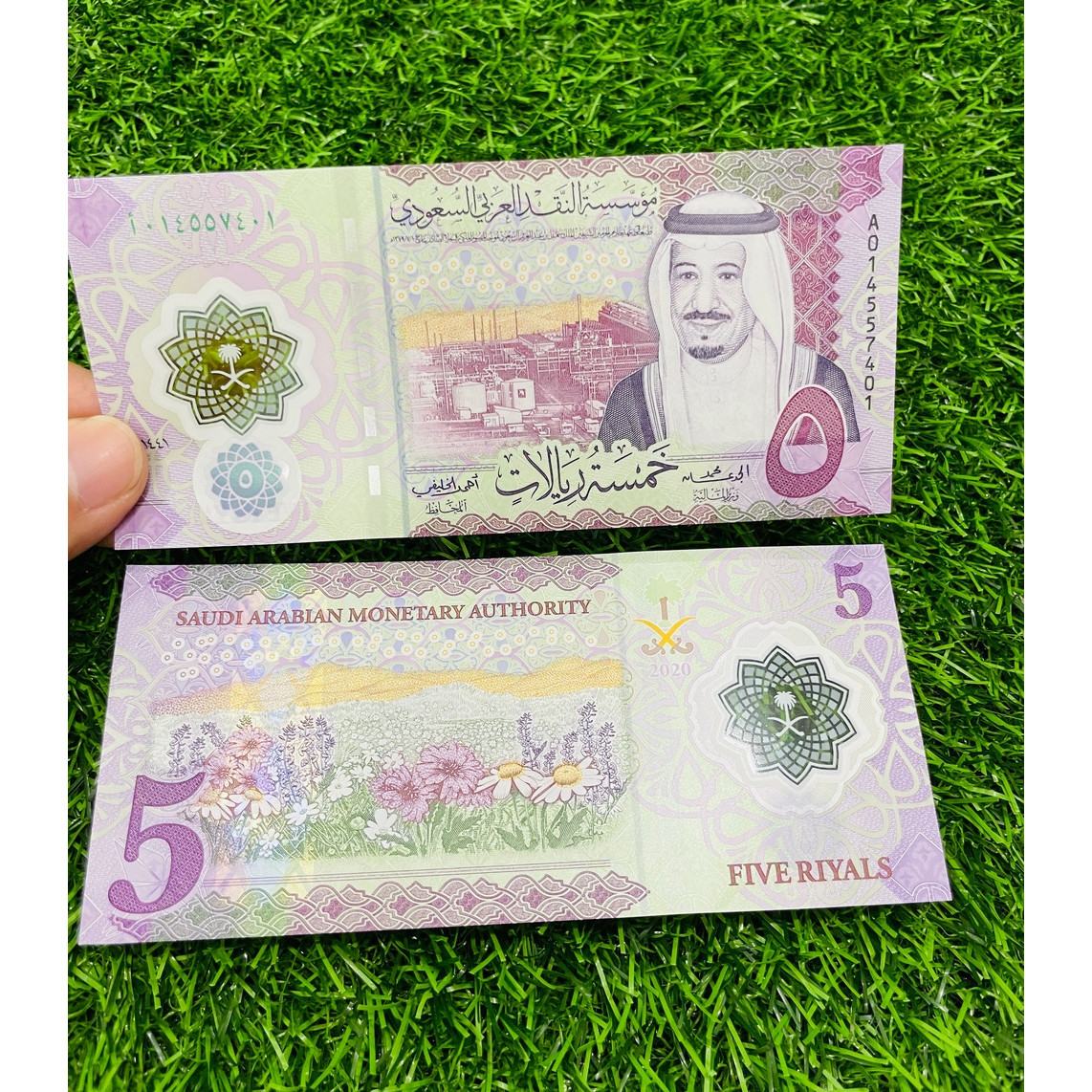 Tiền Ả Rập Saudi 5 Rials, bằng polyme, chân dung nhà vua Ả Rập Xê Út - mới 100% UNC, tặng túi nilon bảo quản The Merrick Mint