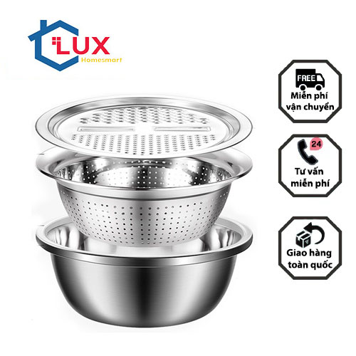 Bộ dụng cụ bào nạo rau củ, Bộ 3 món nạo rau củ kiêm rổ và thau bằng Inox cao cấp tiện Lợi đa năng