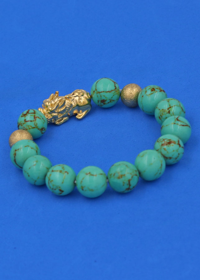 Chuỗi đeo tay San Hô Xanh Ngọc Sọc 12 ly - cẩn Tỳ Hưu Phong Thủy inox vàng VSHXLSTHHBV12