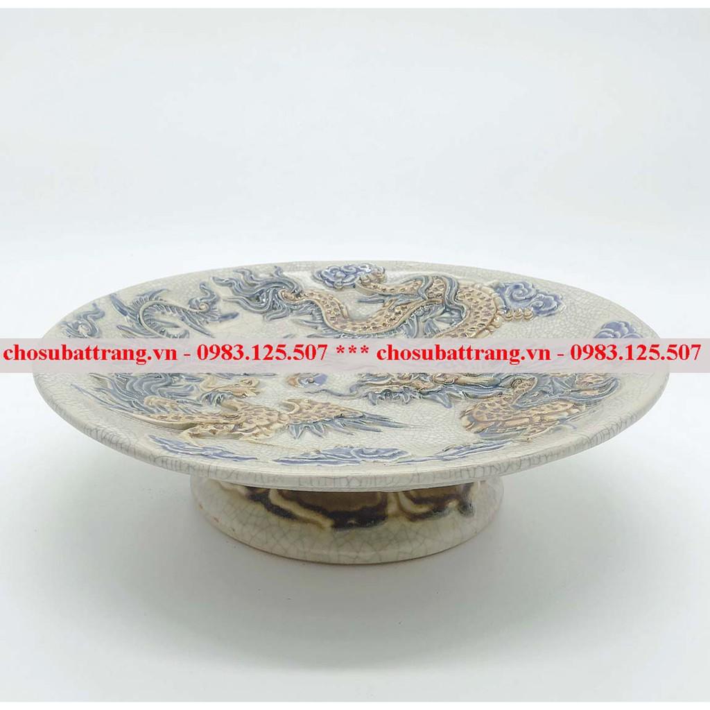 Đĩa đựng hoa quả men rạn đắp nổi long phượng