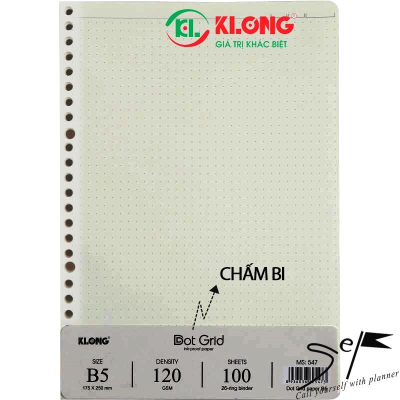 Ruột giấy Klong refill sổ còng Caro, chấm bi 26 lỗ B5 - 100 tờ định lượng 120gsm, planner, bullet journal; MS: 546/547