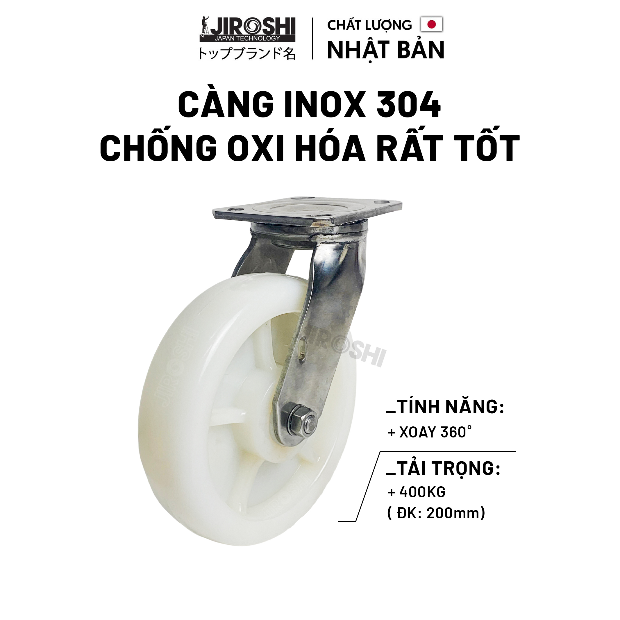 Bánh xe đẩy hàng tải trọng lớn chống hóa chất JIROSHI, bánh xe PA độ bền cao công nghệ nhật bản