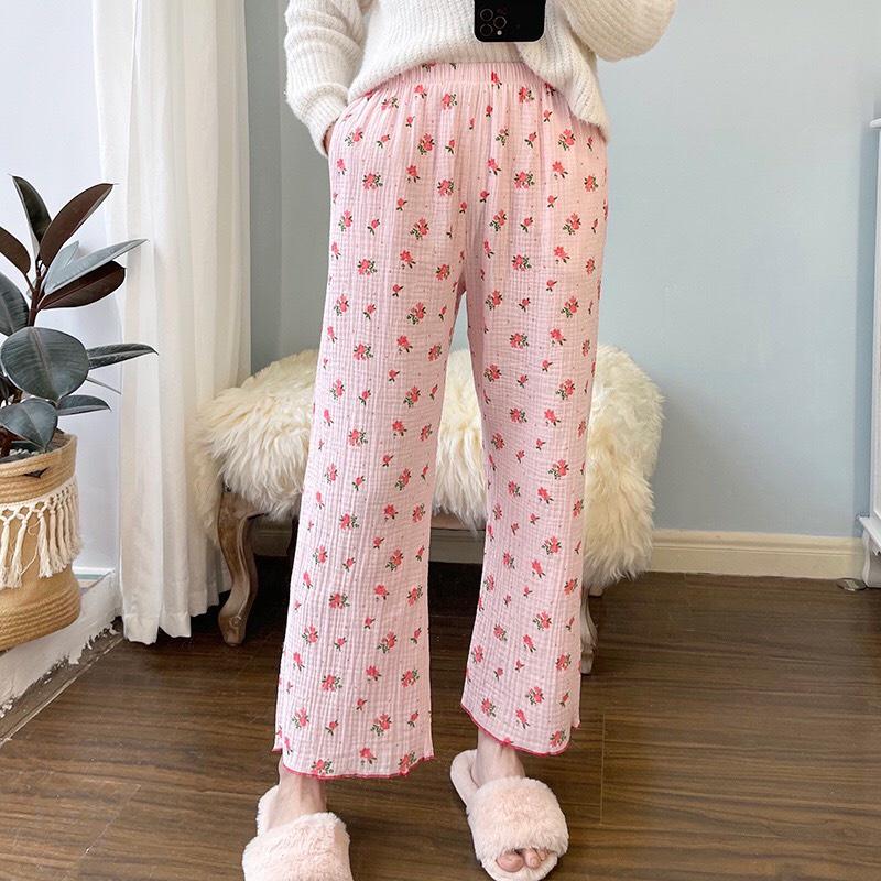 Quần dài nữ mặc nhà, ngủ vải xô cotton mềm nhẹ viền gấu nữ tính