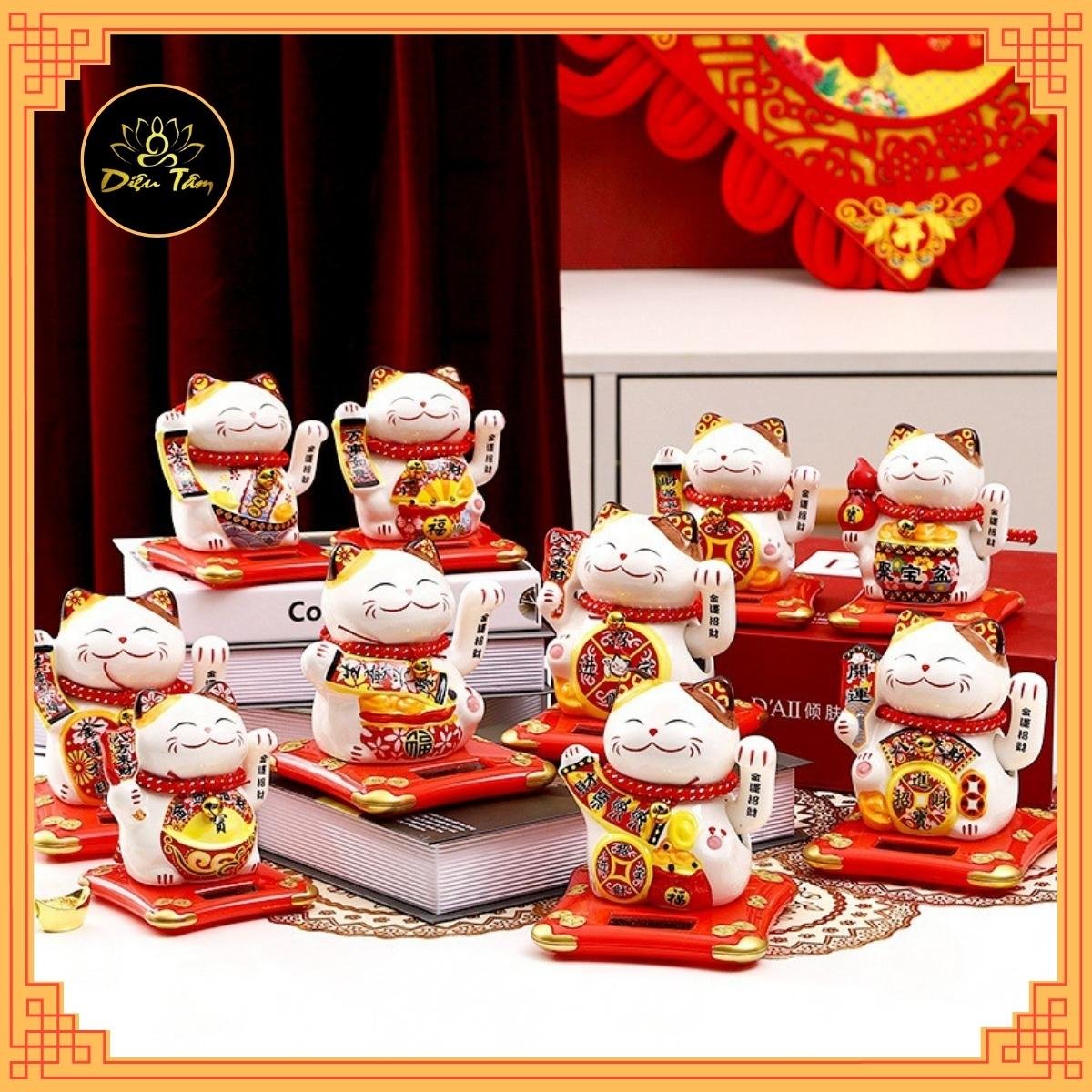Mèo thần tài may mắn vẫy tay năng lượng mặt trời gốm sứ cao cấp