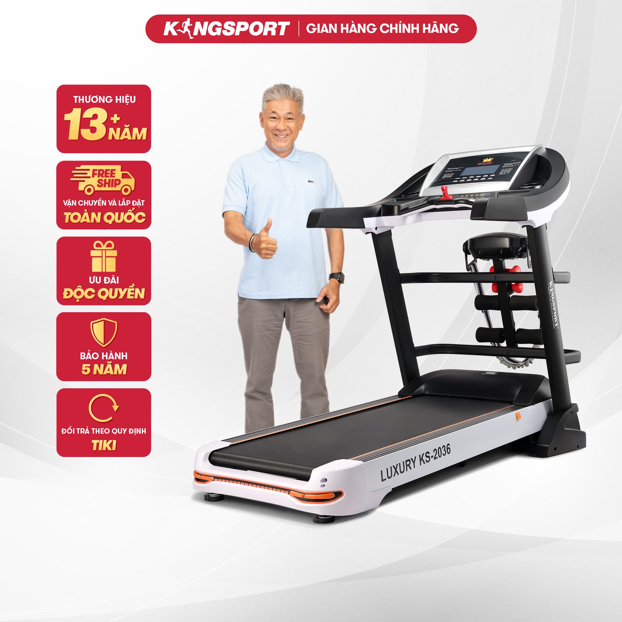 Máy chạy bộ tại nhà Kingsport Luxury KS-2036 có chức nâng dốc tự động, kèm theo đai massage và thanh gập bụng