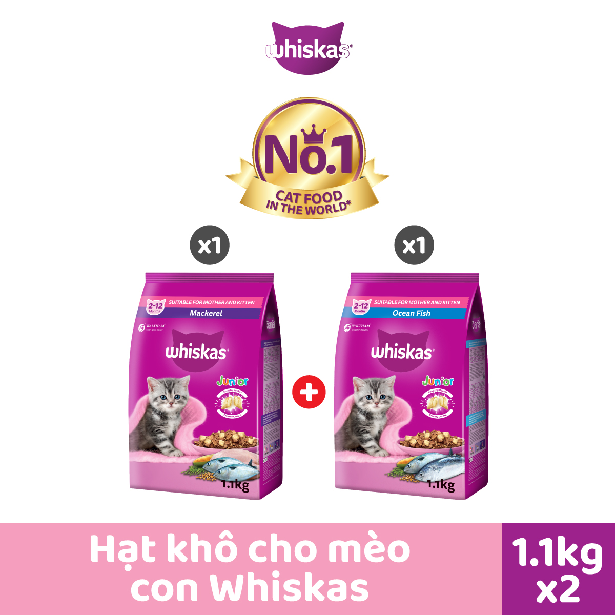 Bộ 2 túi thức ăn WHISKAS®  cho mèo con dạng hạt 1.1kg (2 túi)