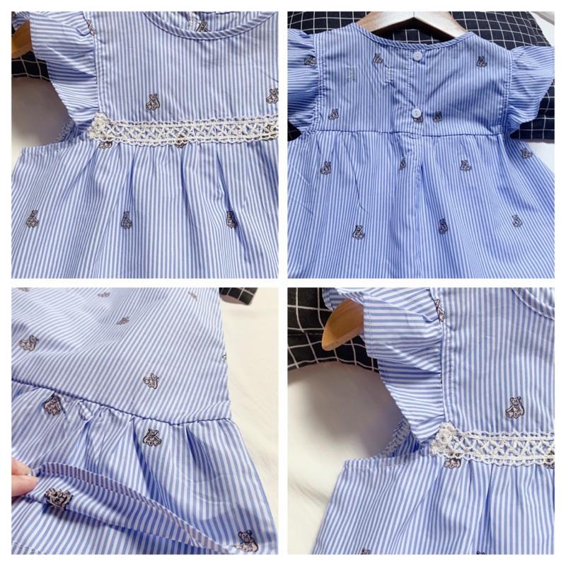 Váy bé gái mùa hè,váy bé gái cánh tiên phối ren họa tiết kẻ sọc thêu gấu dễ thương size 8-32kg_V0621