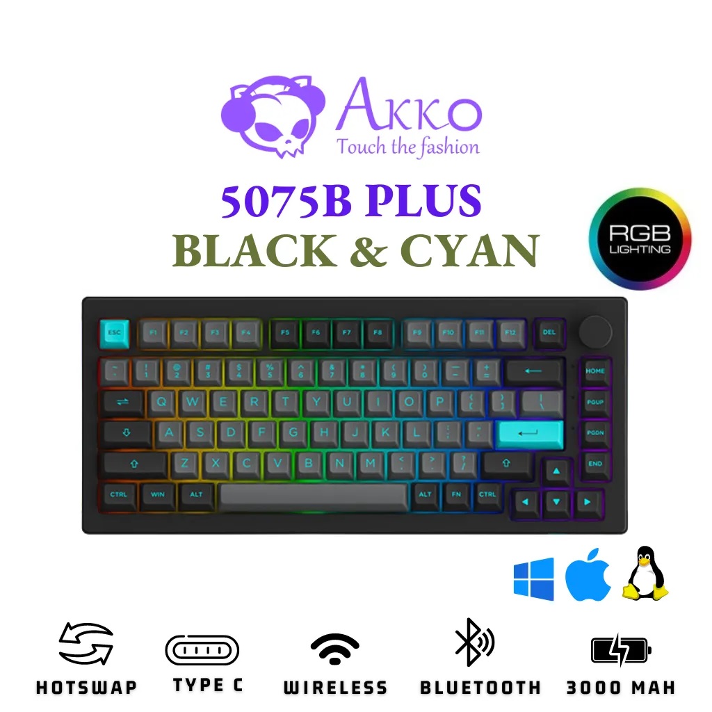 Bàn phím cơ AKKO 5075B Plus Black &amp; Cyan (Multi-modes/RGB/Hotswap/Gasket mount) - Hàng chính hãng