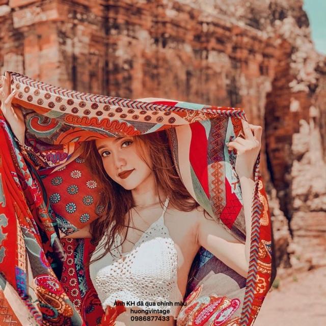 _Khăn Choàng Cổ Boho Vintage Cao Cấp Hoạ Tiết Đỏ Công