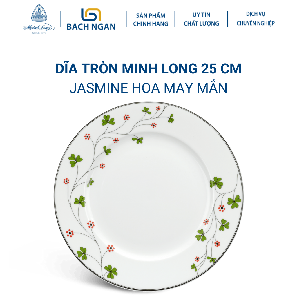 Dĩa tròn Minh Long 25 cm Jasmine Hoa May Mắn - Bằng sứ, Hàng Đẹp, Cao Cấp, Dùng Trong Gia Đình, Đãi Khách, Tặng Quà Tân Gia