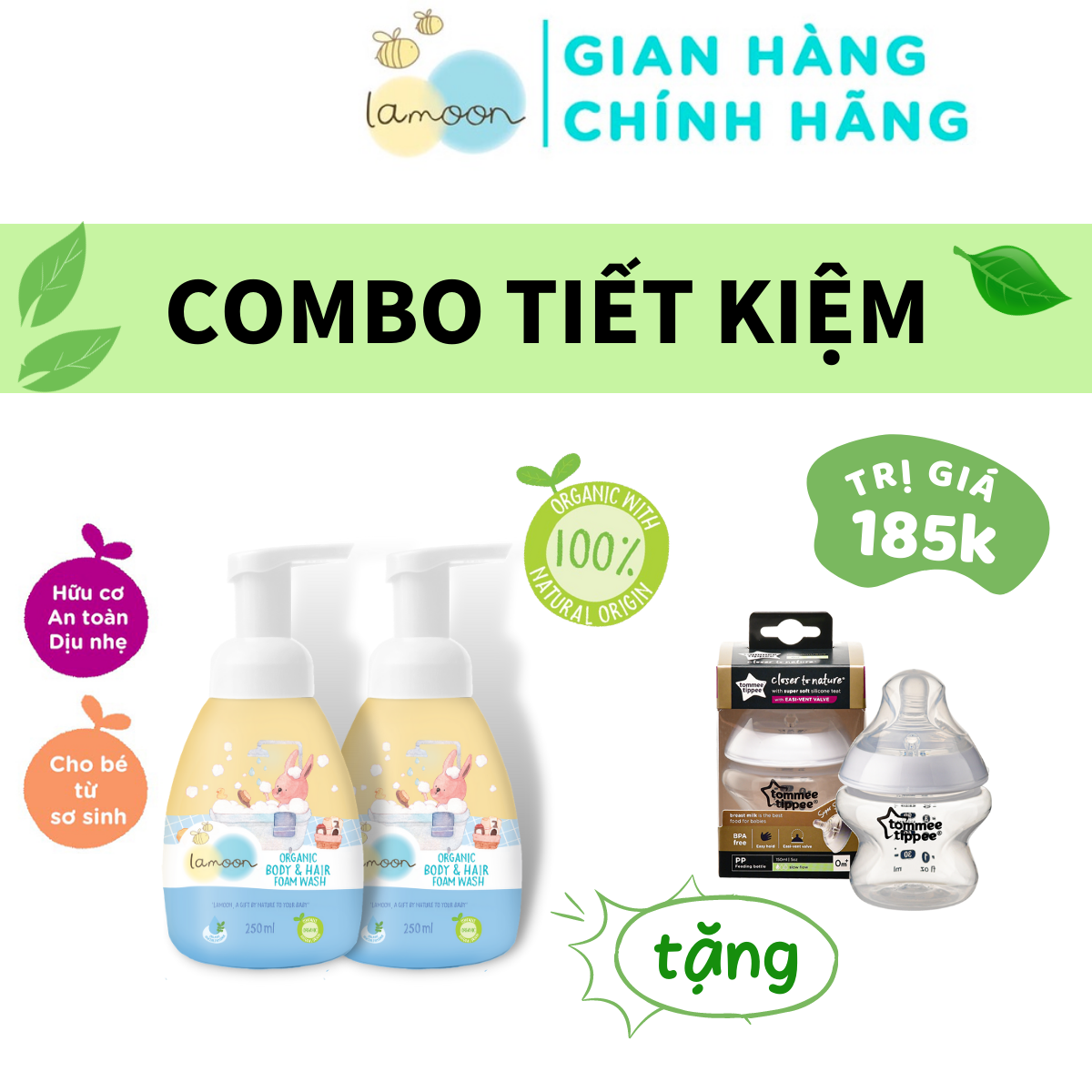 COMBO 2 Bình Sữa tắm gội Organic dạng bọt Lamoon 250ml TẶNG 1 Bình Sữa PP Ty Siêu Mềm Tự Nhiên 150ml