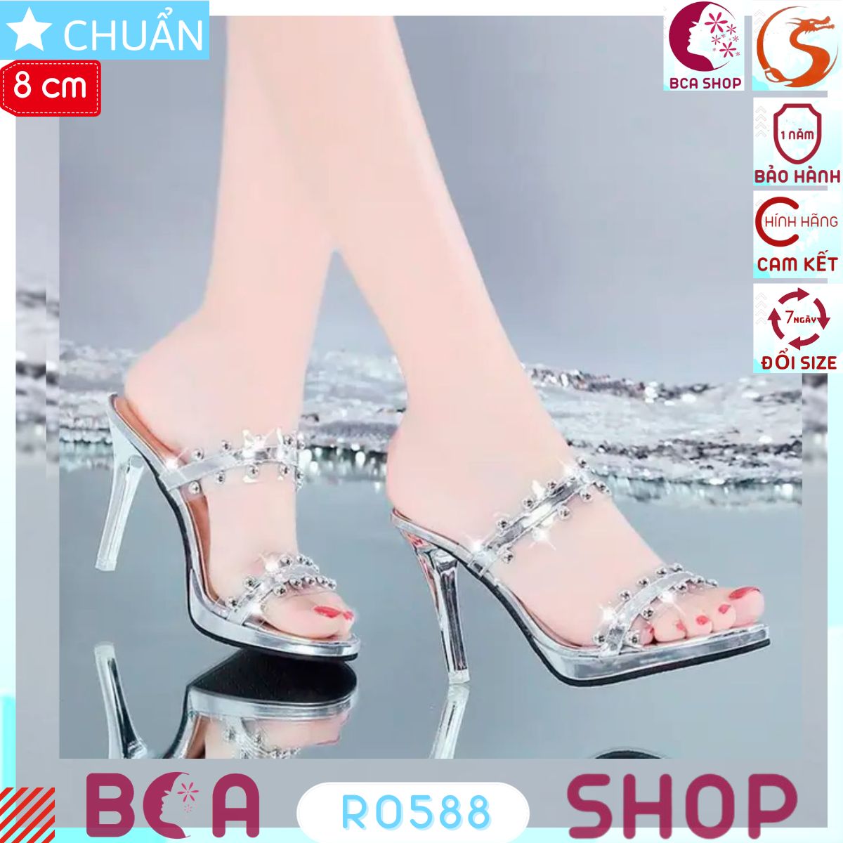 Giày sục nữ gót nhọn 8p RO588 màu đen ROSATA tại BCASHOP quai ngang trong kết hợp hạt châu kim loại sang trọng