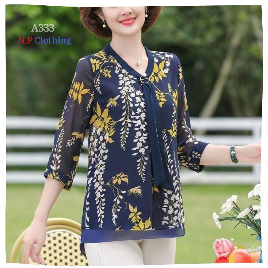 ️Có Big Size️Áo Kiểu Trung Niên Phối Họa Tiết Sang Trọng Đi Tiệc Cho Mẹ U50-80